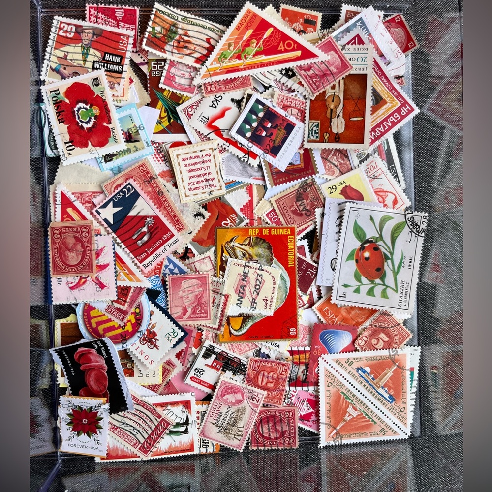 200 Red Postage Stamps Vintage